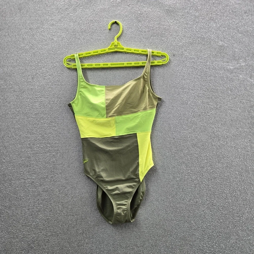 Speedo‎ Women Swimwear 8 Green Nylon Spandex One-Piece Swimsuit Colorblock